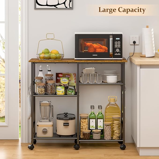 Kitchen Microwave Cart, Microwave Stand with Adjustable Shelf, Coffee Bar Stand Kitchen Baker's Rack with Wheels Rolling Storage Cart Organizer Shelf for Living Room, Office, Balcony