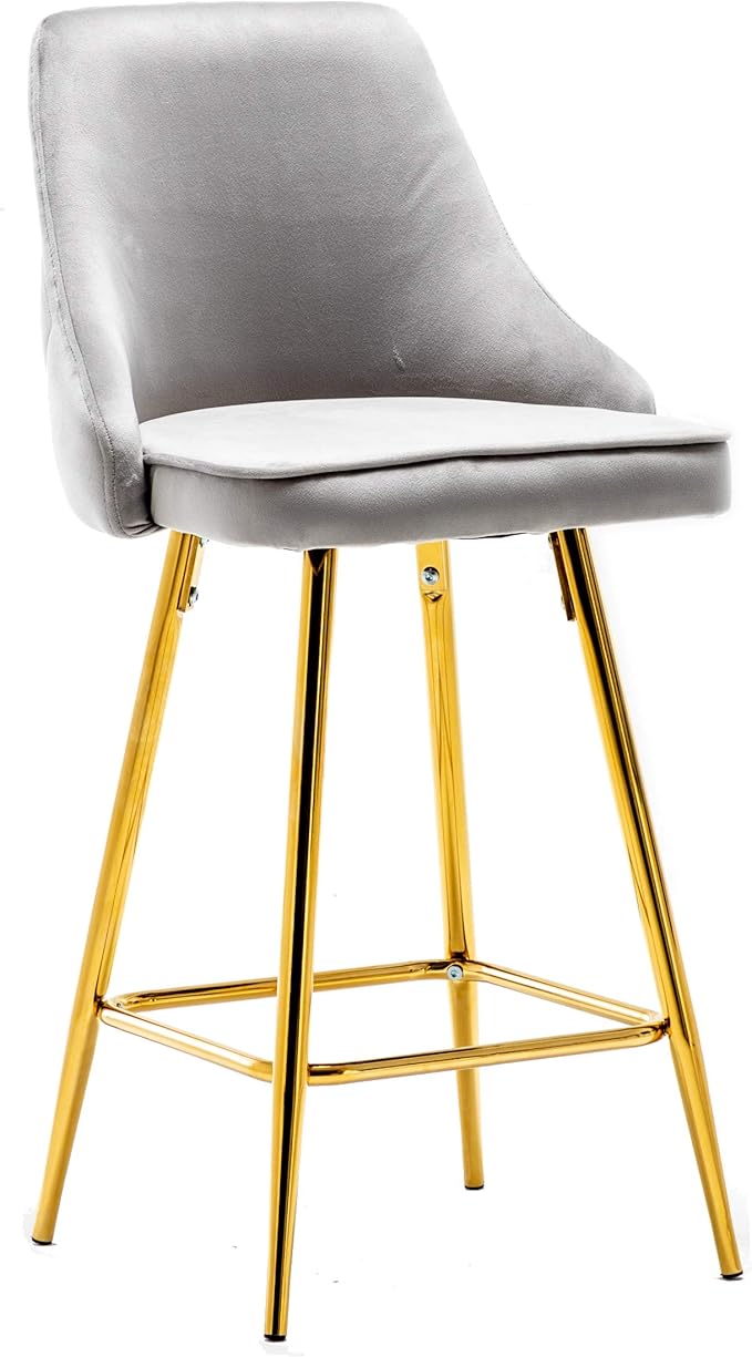 BTEXPERT Set of 2. Upholstered Dining Bar Chairs Footrest High Back Counter Height Barstools, Tufted Grey Velvet Gold Frame 25" Modern Kitchen Island Stool