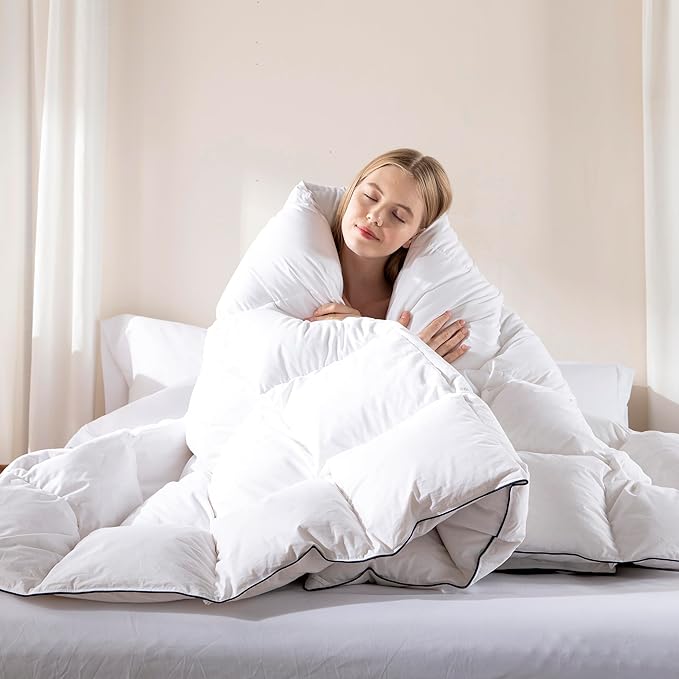 DOWNCOOL Feather Comforter California King, White Fluffy Duvet Insert with Ultra Soft 100% Cotton Cover, All Season Luxurious Hotel Bed Comforter with Corner Tabs, California King 104"x96"