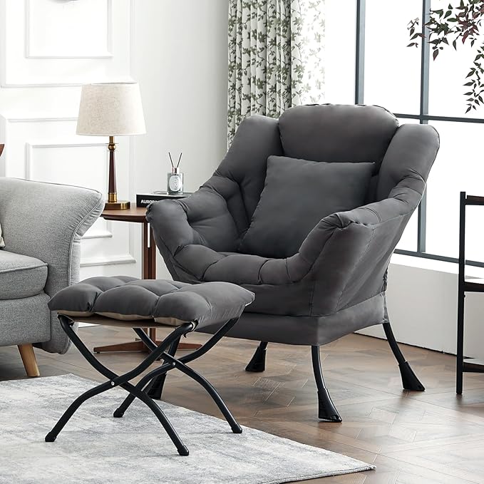 Large Lazy Chair with Ottoman, Accent Reading Chair with a Throw Pillow, Cozy Lounge Chair with Armrest, Leisure Sofa Chair for Living Room, Bedroom, Dorm, Dark Grey