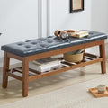 Upholstered Shoe Bench Entryway Bench for Bedroom, End of Bed, Ottoman Bench Tufted Padded Seat with Solid Wood Shelf for Living Room, Faux Leather Ink Blue