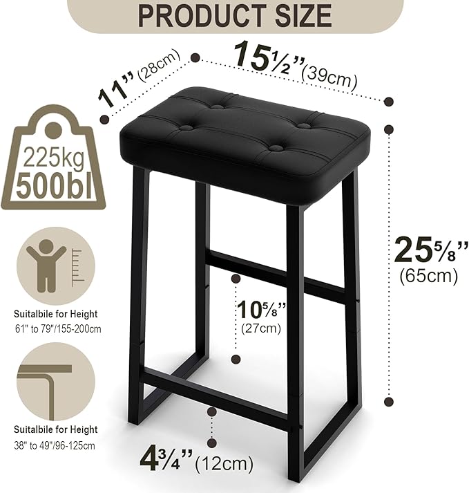 Bar Stool, Kitchen Island Chairs,Counter Height Bar Stools, Modern Synthetic Leather with Stitching, 26 inches high, for Kitchen/Family Restaurant/Dining Room/Farmhouse, Black