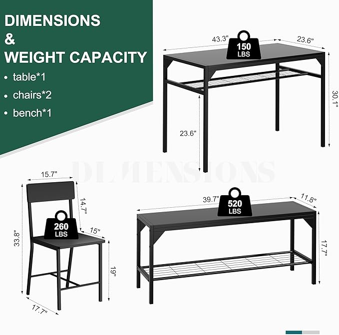 Shintenchi Kitchen Table Chairs Set of 4, Dining Table Set for 4 with Bench and Chairs, 4 Pieces Kitchen Table Set with Storage Rack & Metal Frame for Small Space, Black