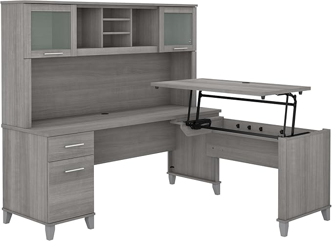 Bush Furniture Somerset 72W 3 Position Sit to Stand L Shaped Desk with Hutch in Platinum Gray | Adjustable Height Table for Office