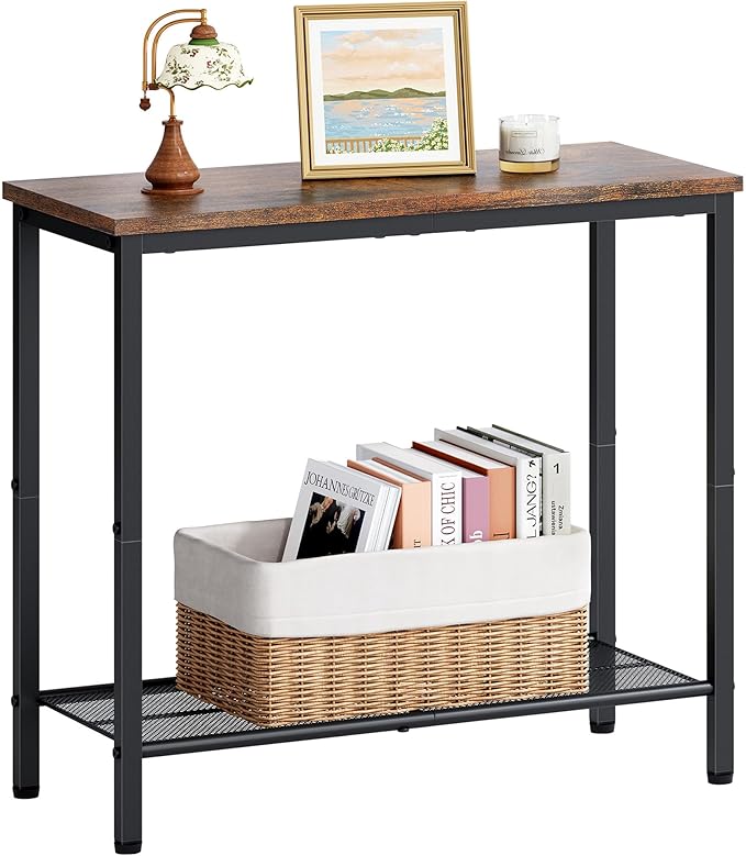 Hoctieon 2 Tier End Table, Sofa Side Table, Narrow Side Table with Storage, Slim Nightstand for Small Spaces, Metal Frame, for Living Room, Bedroom, Sofa Couch, Hall, Rustic Brown