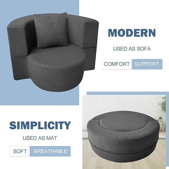 ANONER 12 Inch Modern Folding Sofa Memory Foam Fold Out Chair Sofa with Pillow, Lounge Chair Floor Futon Couch, Washable Cover