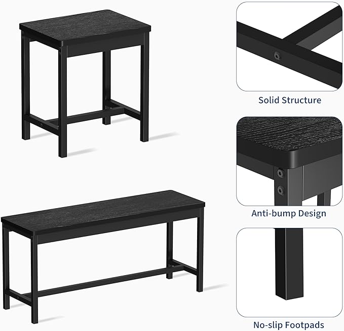 GarveeHome 5-Piece Dining Table Set for 4-8 People, 63" Large Extendable Kitchen Table Set with 2 Benches and 2 Square Stools, Modern Dining Room Furniture Sets, Easy Assembly, Black