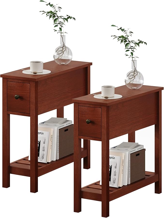 ChooChoo Narrow End Table, Small Side Table for Small Spaces, Slim End Table with Drawer, Narrow Nightstand Bedside Table for Living Room Bedroom, Cherry Brown, 2 Pack