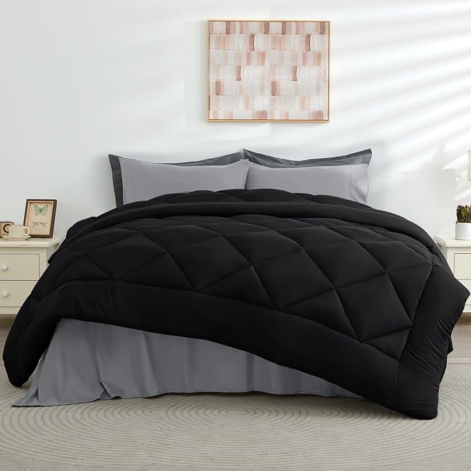 HEVUMYI Queen Comforter Set - 7-Piece All Season Bed in a Bag Queen, Ultra Soft Bedding Set with Comforter, Flat Sheet, Fitted Sheet, Pillowcases, Pillow Shams, Black & Light Grey