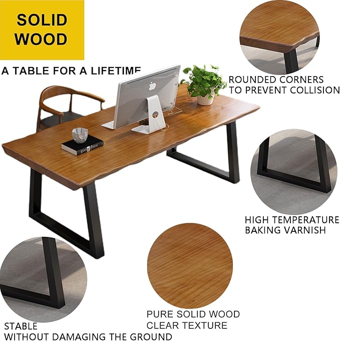 Solid Wood Administrative Computer Desk - Rustic Style Large Office Desk, Modern Minimalist Workstation for Home, Ideal for Learning, Writing, and Professional Use (Dark Yellow, 55.12in)
