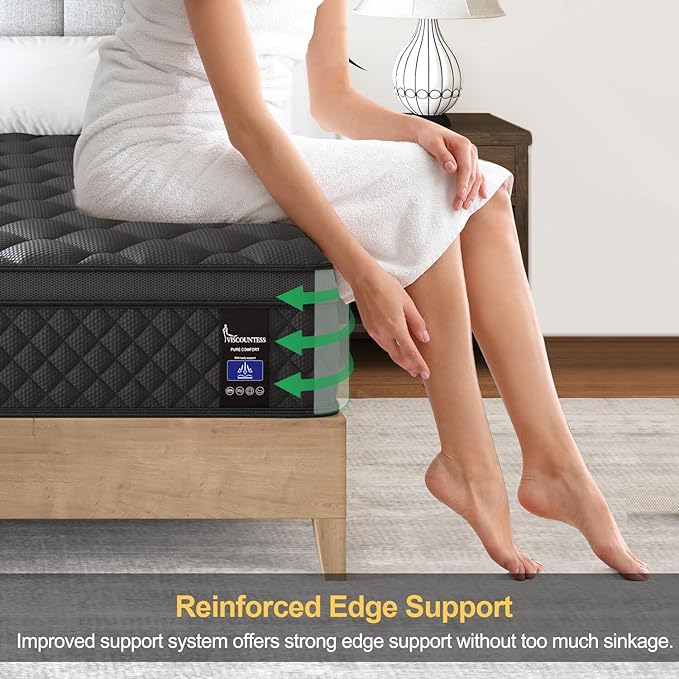 Queen Mattress, 12 Inch Hybrid Mattresses Black, Euro Top Medium Firm for Back & Lumbar Support, 100 Night Trial, Individual Pocket Spring for Motion Isolation & Pressure Relief