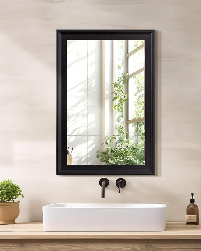 CULER Black Wood Wall Mirror for Bathroom,Rectangle 20 x 30 inch Hanging Vatiny Mirrors with Wooden Frame for Living Room,Bedroom,Entryway