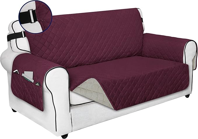 PureFit Reversible Sofa Cover Water Resistant Loveseat Couch Cover, Machine Washable Furniture Cover with Non-Slip Foam and Adjustable Strap for Dogs, Pets (Loveseat, Wine/Beige)