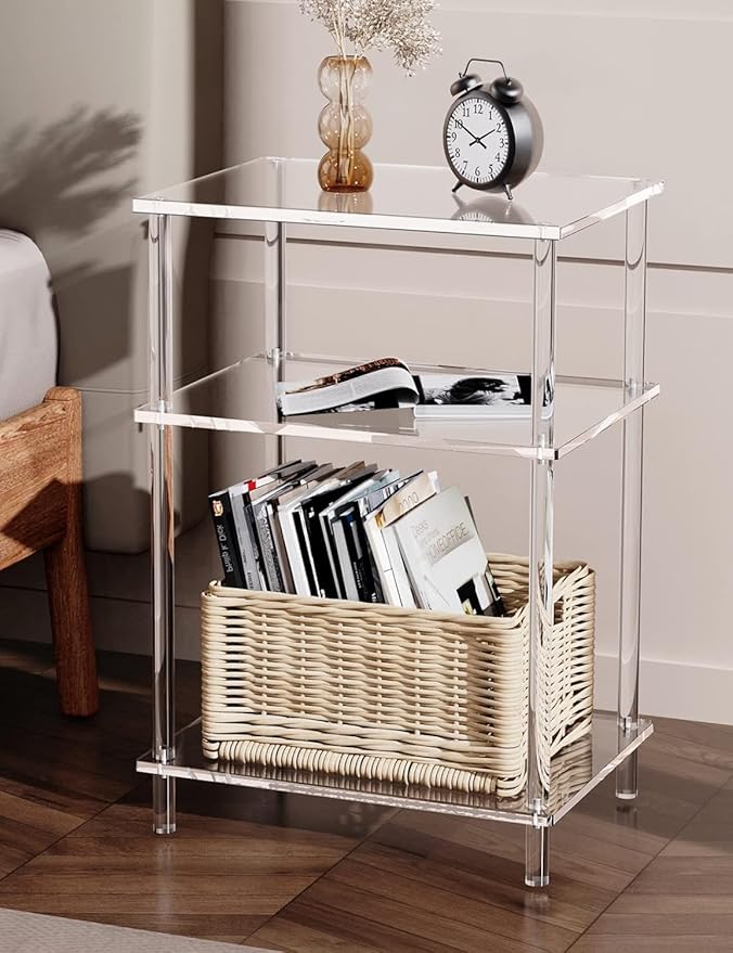 Acrylic Side Table Clear 3-Tier End Table for Living Room, Office, Hallway, Bedroom Small Bedside Table