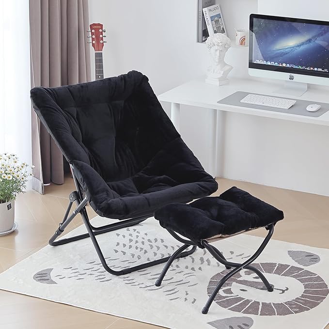 Comfy Folded Chair with Ottoman, Oversized Folding Faux Fur Chair Soft Furry Lounge Lazy Chair with Metal Frame Moon Chair Accent Chair for Bedroom, Living Room, Dorm Rooms
