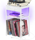 LELELINKY White Night Stand with Charging Station and LED Lights, Record Player Stand with USB Port and Type-C Port, 3 Tier Side Table with Vinyl Storage Shelf, End Tables for Bedroom Small Spaces