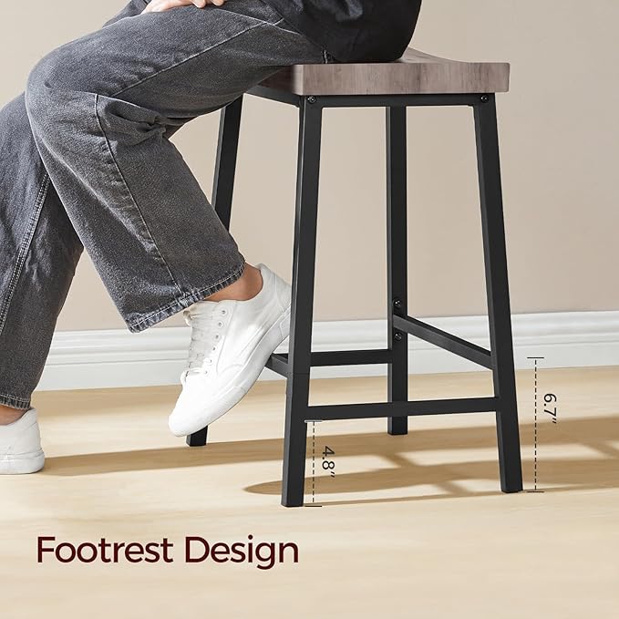 Bar Stools, Counter Height Bar Stools Set of 2, 23.7 Inch Saddle Stools with Footrest, Kitchen Stools, Industrial Style, for Dining Room, Counter, Bar, Greige BAHG0801