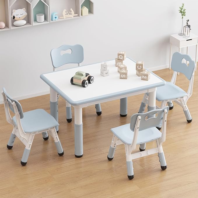 GarveeHome Kids Table and 4 Chairs Set, Height Adjustable Toddler Table and Chair Set, Graffiti Desktop, Children Study Table for Home Daycare Preschool for Ages 2-8