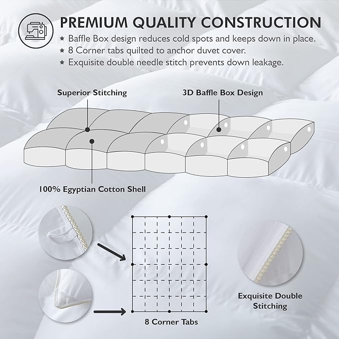 Luxurious White Solid Heavy Weight, Palatial King Size Goose Feathers Down Comforter for Winter Weather, 120 X 98 inches, Premium Baffle Box, 100% Egyptian Cotton Cover, 95 oz. Fill Weight