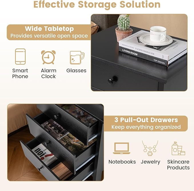 KOMFOTT 3 Drawers Nightstand, Wooden Bedside Table, Modern Sofa Side End Table, Space-Saving Telephone Table, Chest of Drawers for Living Room, Bedroom & Office (1, Black)
