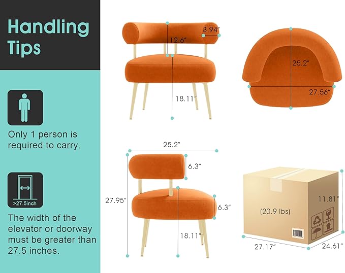 Modern Velvet Accent Chair, Round Upholstered Barrel Armchair for Small Spaces, Fluffy Side Corner Sofa Chair for Living Room, Bedroom, Vanity, Office, Reading Nook(Orange)
