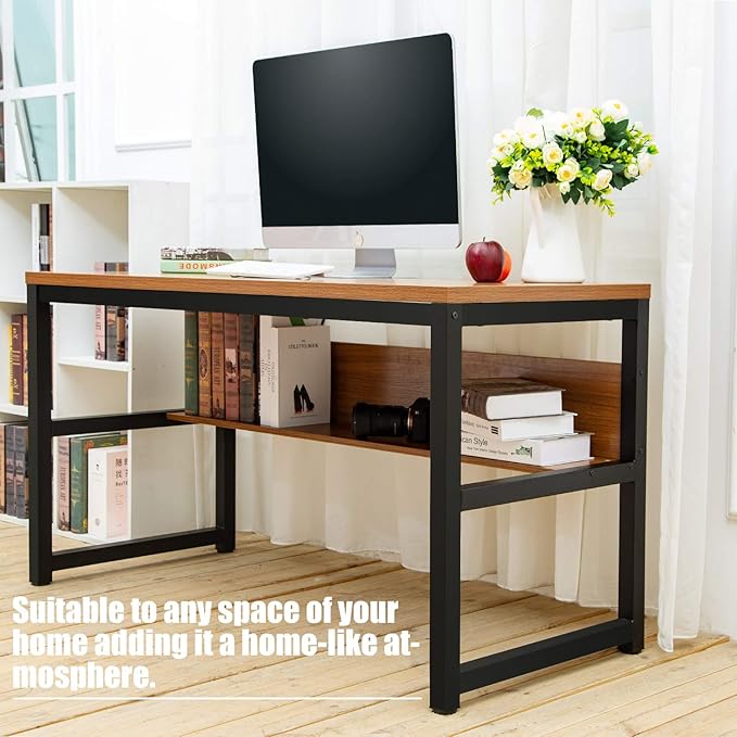 TOPSKY Computer Desk with Bookshelf/Metal Hole Cable Cover 1.18" Thick Desk (55", Oak Brown)