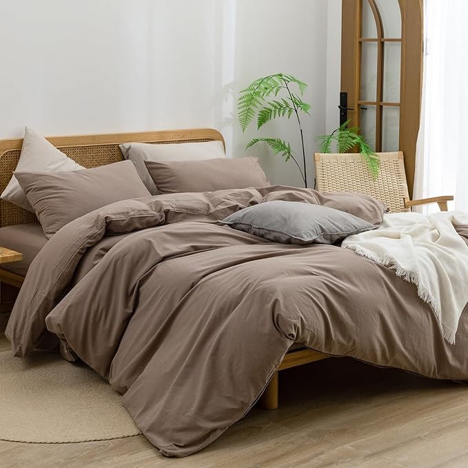 BESTOUCH Duvet Cover Set 100% Washed Cotton Linen Feel Super Soft Comfortable Chic Lightweight 3 PCs Home Bedding Set Solid Pine Bark Brown Super King Plus