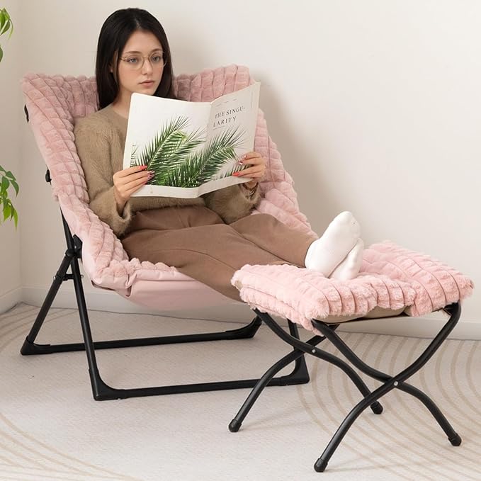 HollyHOME X-Large Saucer Chair, Comfy Oversized Folding Chair, Faux-Fur Reading Chair for Teens, Adults, Foldable Accent Lazy Chair, Metal Lounge Chair for Living Room, Bedroom, Dorm, Grid Pink