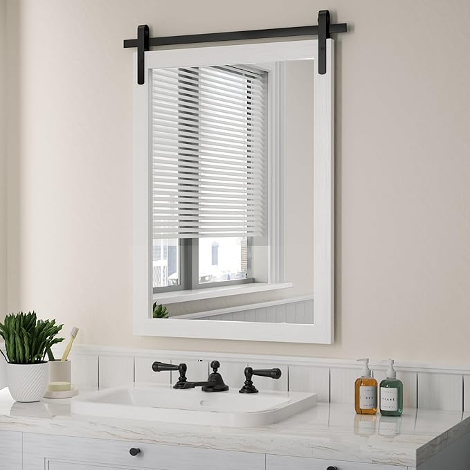 Farmhouse Mirror for Bathroom, White Rustic Vanity Mirror Wood Framed Decrative Mirrors, Barn Door Style Decor Entryway Bedroom 22x30INCH Horizontal