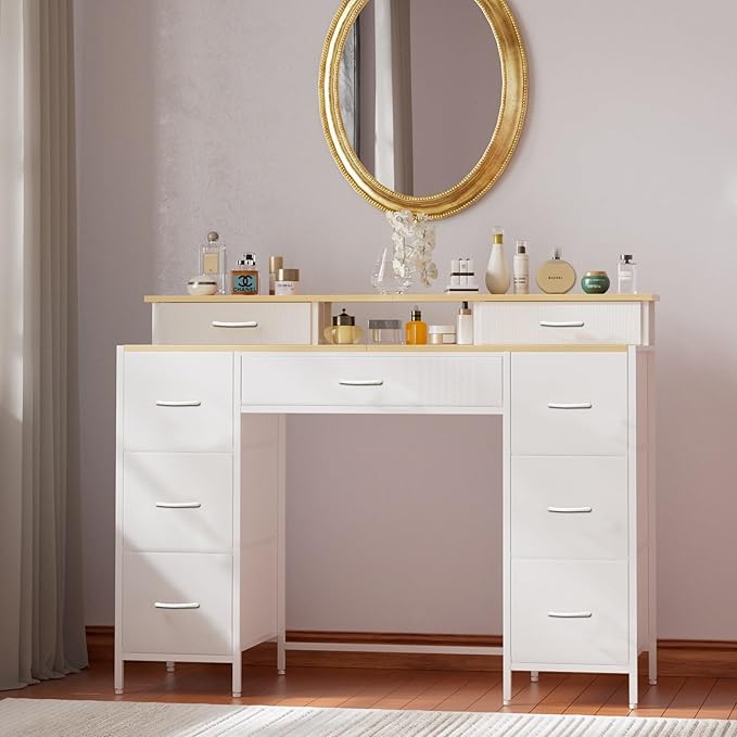 Dresser for Bedroom with 9 Drawers & 2 Open Shelves, Fabric Storage Dresser, Chest of Drawers, Long Dresser for Closet, Wooden Top & Metal Frame, Classic White