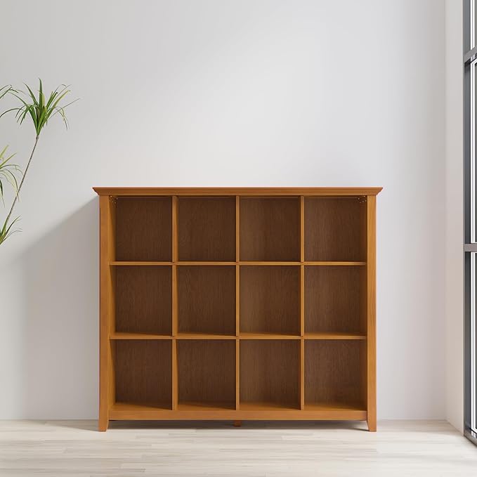 SIMPLIHOME Acadian Bookcase - 57 inch Tall 12-Cube Solid Wood Storage Display Unit in Light Golden Brown, Transitional Cube Organizer for Living Room or Office with Fixed Shelves and Tapered Legs
