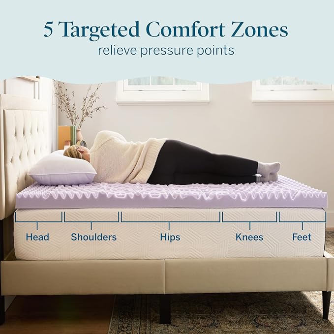 Lucid Lavender Infused 3 Inch Memory Foam Mattress Topper - Twin Size - Plush Feel - 5 Convoluted Zones - CertiPUR Certified - New Home Owner & Dorm Room Essentials