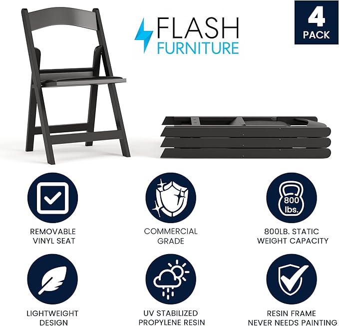 Flash Furniture Hercules Series Folding Chairs for Weddings and Formal Events, Stackable Commercial Event Seats with 1,000-lb. Static Weight Capacity, Set of 4, Black