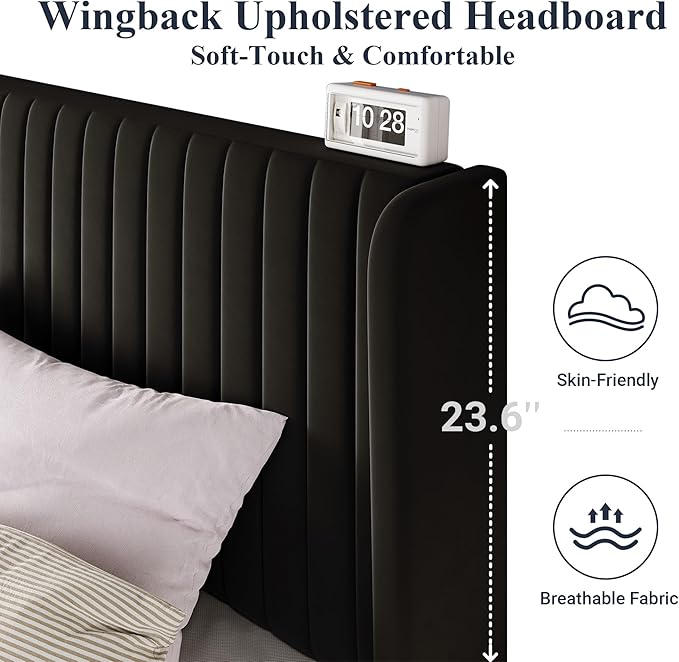 Allewie King Size Velvet Bed Frame/Vertical Channel Tufted Wingback Headboard/Upholstered Platform Bed/Strong Wooden Slats/No Box Spring Needed/Easy Assembly/Black