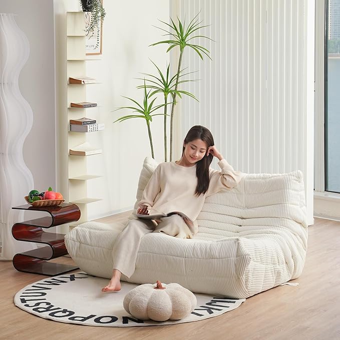 N&V Fireside Loveseat, Mid Century Armless Twin Size Floor Sofa, Soft Premium Corduroy Floor Lounge Chair, Foam Sofa Accent Chair for Living Room Bedroom and Office, Salmon, Full