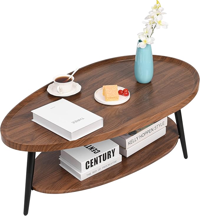 2-Tier Water-Shaped Wood Center Table Mid Century Oval Coffee Table Rustic Farmhouse for Living Room, Bedroom, 40", Brown