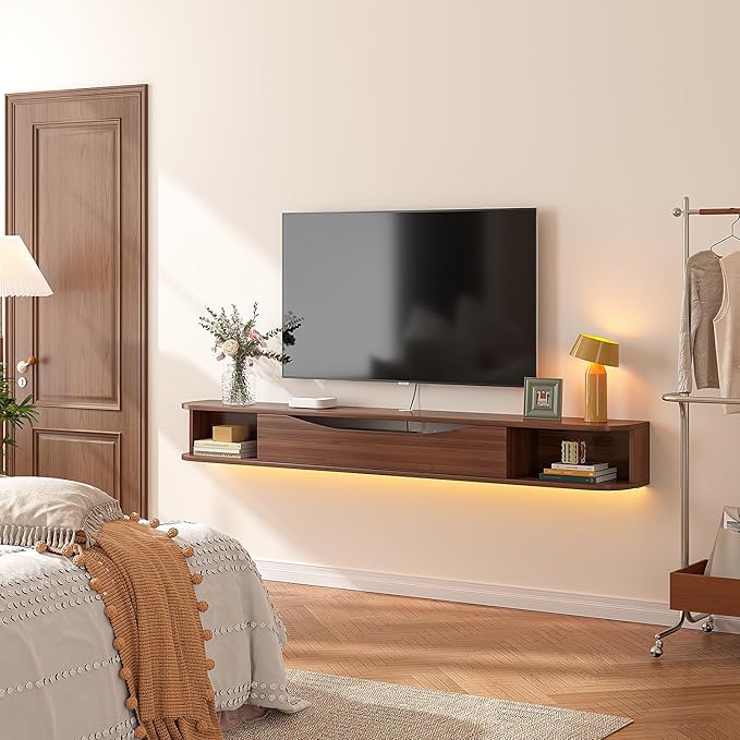 Floating TV Stand,55'' Wall Mounted TV Cabinet,Floating TV Console,Under TV Shelf with 1 Door and 2 Cabinets for TVs up to 65''(Walnut)