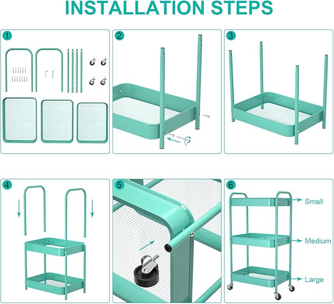 3-Tier Rolling Metal Storage Cart with Wheels, Multi-Functional Organizer for Office, Kitchen, Bathroom, Books Diapers - Easy Assembly (Blue)