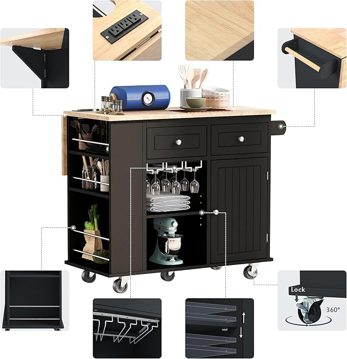 Merax Rubber Wood Kitchen Island with Adjustable Storage, Rolling Kitchen Storage Cart with Drop Leaf, Open Storage, Wine Rack, 5 Wheels for Home, Kitchen, Dining Room, Black