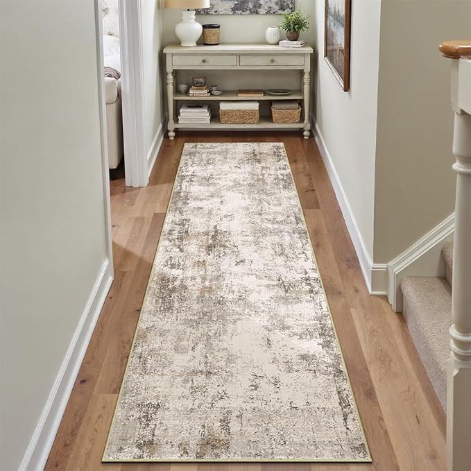 2x12 Washable Runner Rug Brown Grey Neutral Abstract Hallway Kitchen Living Room Bedroom Non Slip Throw Rug Soft Low Pile Indoor Carpet for Entrance Laundry Bathroom