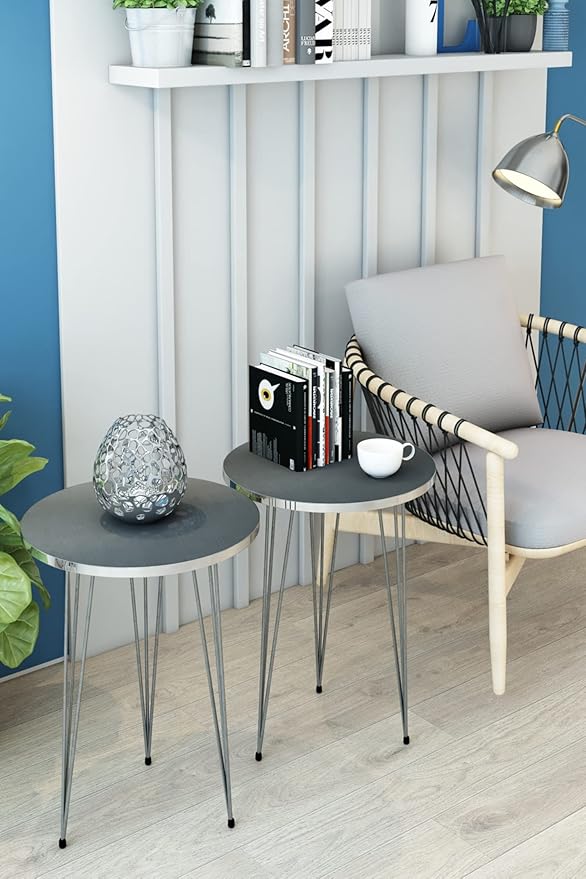 PAK HOME - Set of 2 End Table - High Gloss Grey Wood Round Sofa Side Coffee Tables for Small Spaces, Nightstand Bedside Table with Metal Silver Legs for Small Spaces
