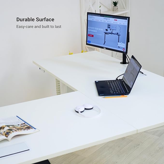 Progressive Desk Stand Up Height Adjustable Electric Standing Desk - L Shaped 60" x 72" Corner Computer Rising Workstation Table - Black Frame, Bright Beech Top