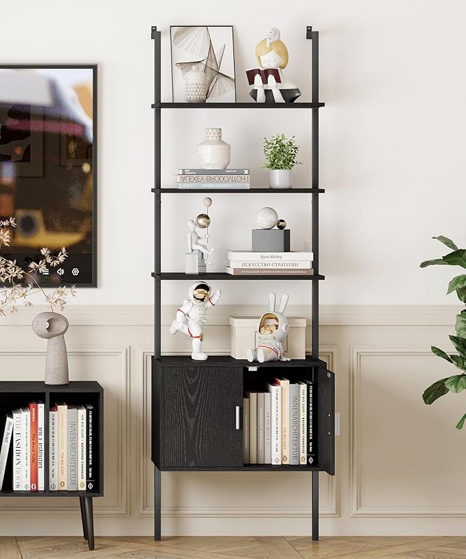 Yusong 73" Tall Bookshelf with Cabinet, Industrial Ladder Wall Mount Shelf Bookcase with Wood and Metal Frame, Plant Shelf Wall Storage Display for Living Room Bedroom, Black Wood Grain