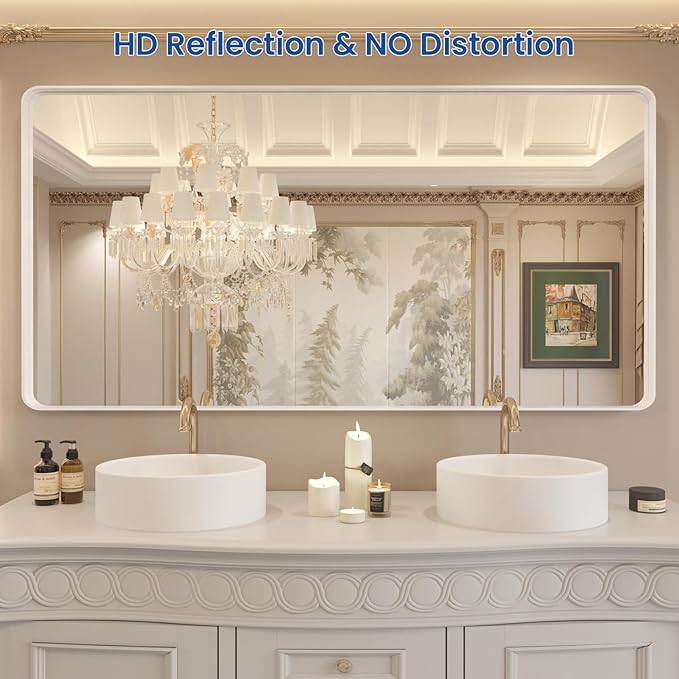 WEER White Bathroom Mirror 72X36 Inch, Rounded Rectangle White Metal Frame Mirror, Matte White Bathroom Vanity Mirror with Tempered Glass, Anti-Rust, Hangs Horizontally or Vertically