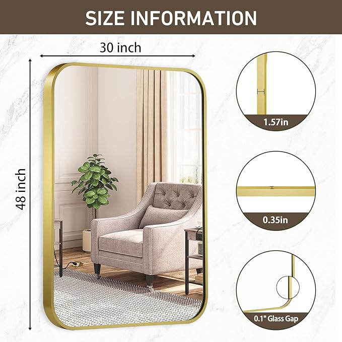 Matte Gold Mirror, 48x30 Inch Brushed Gold Mirror, Aluminum Alloy Framed Vanity Mirror, Rounded Rectangle Bathroom Mirror for Over Sink, Anti-Rust Wall Mirror (Horizontally or Vertically)
