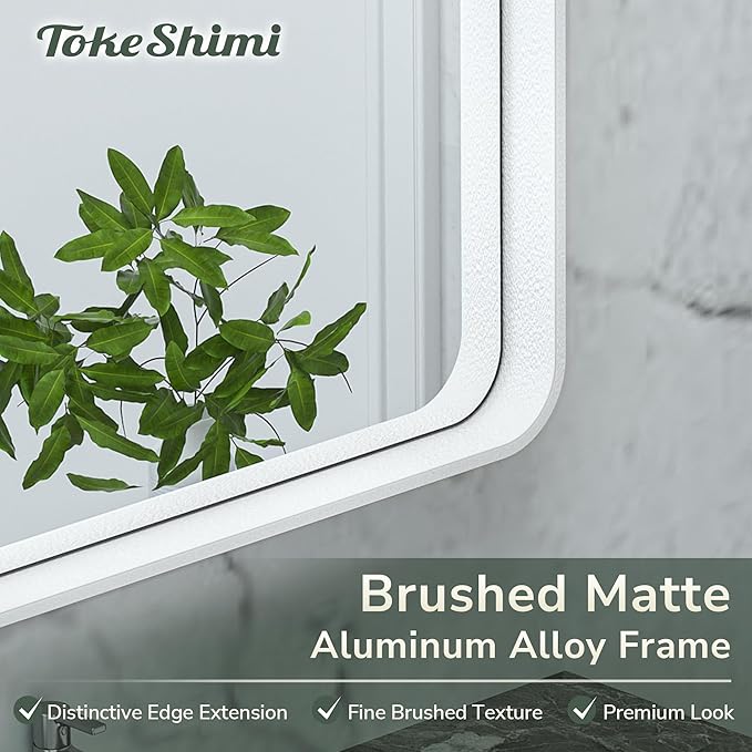 TokeShimi 42 x 36 Inch Bathroom Mirror White Vanity Wall Mirror with Metal Frame Aluminum Alloy Rounded Corner for Modern Farmhouse Wall Decor 1”Deep Set Design (Horizontal/Vertical)