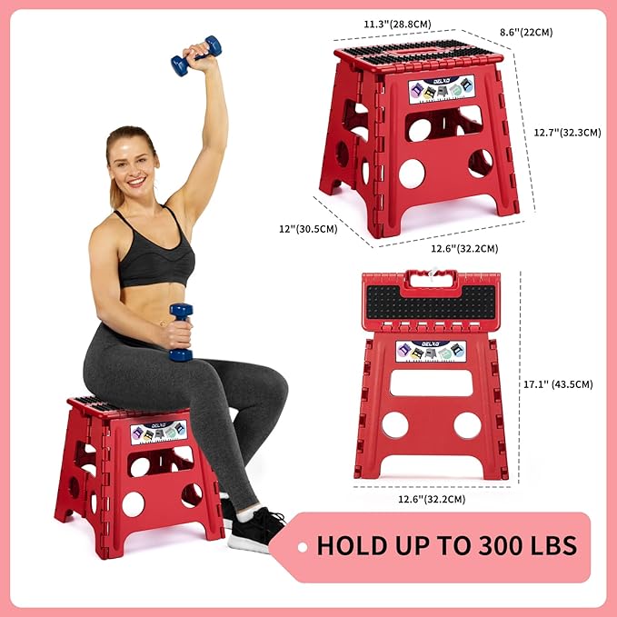 Delxo Folding Step Stool,Non-Slip Stool 13 inch Height Premium Heavy Duty Foldable Stool,Kitchen Garden Bathroom Steppingstool 1 Pack in Red,Dotted Texture