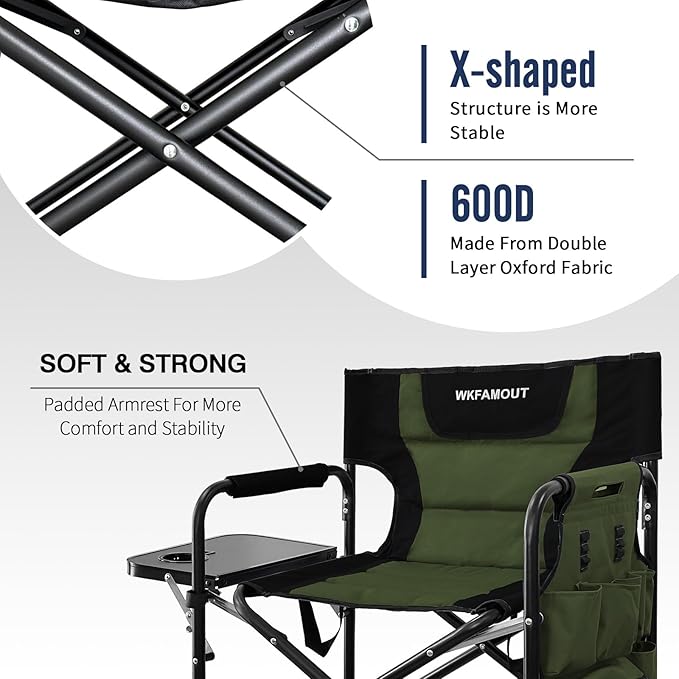 Tall Folding Directors Chair with Side Table 26.77" Seat Height Foldable Camping Chair Bar Stool for Makeup Artist Face Painting with Footrest and Storage Pocket Supports 350LBS
