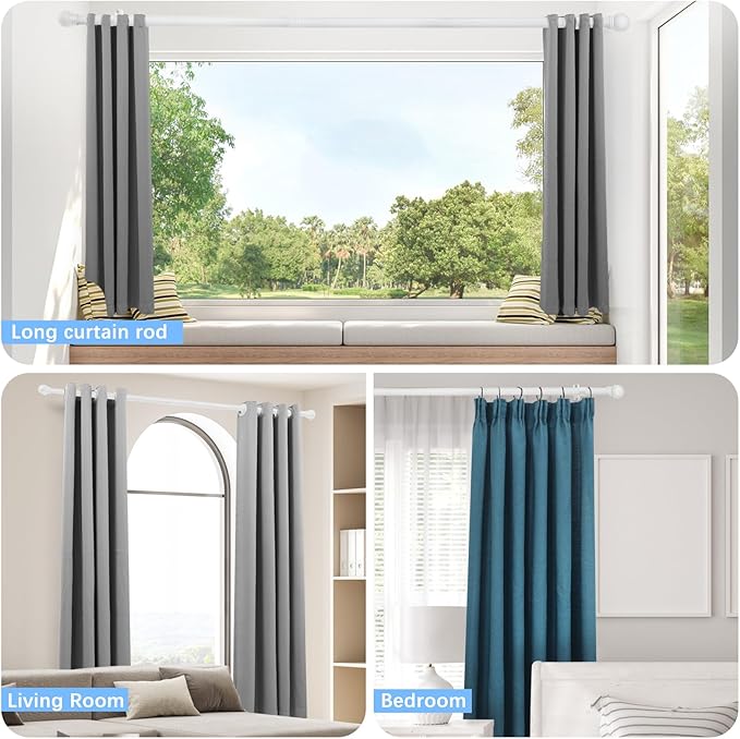 Curtain Rods for Windows 16 to 92 Inches, Curtain Rod Max Adjustable Length of 104 IN, 6/8" Diameter Drapery Rods Round Finials, White, Pack of 1