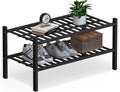 Haddockway Large 2 Tier Bamboo Shoe Rack Storage Organizer, Multifunctional Free Standing Stackable Shoe Shelf with Grid Panel for Closet,Hallway,Entryway,Small Space 27"x12"x14"(Black, 2-Tier(Large))